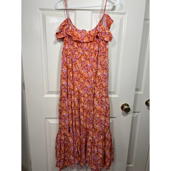 J. Crew L Tiered Maxi Dress Orange Floral Print Sleeveless Ruffle Wedding Guest - Picture 7 of 12